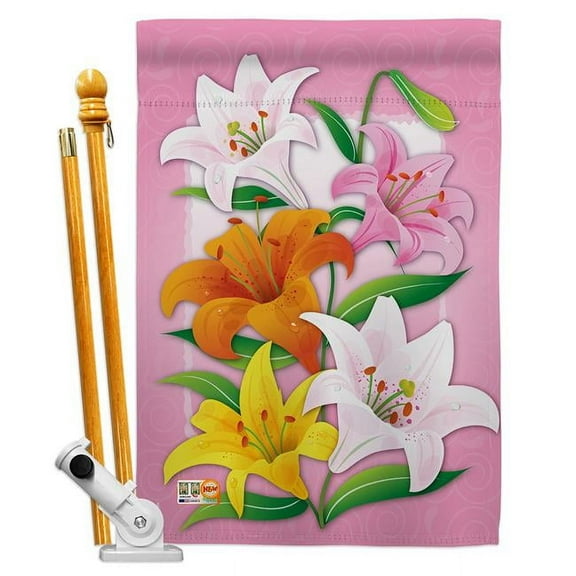 Breeze Decor BD-FL-HS-104075-IP-BO-D-US11-BD 28 x 40 in. Lilies Spring Floral Impressions Decorative Vertical Double Sided House Flag Set with Pole Bracket & Hardware