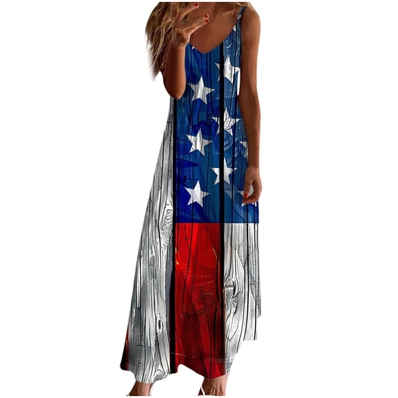 ibuvkizy Womens 4th of July Maxi Dresses Casual Red White Blue Dress Stars Graphic Sleeveless Dresses Trendy Independence Day V Neck Summer Dresses for Women 2025 Red L