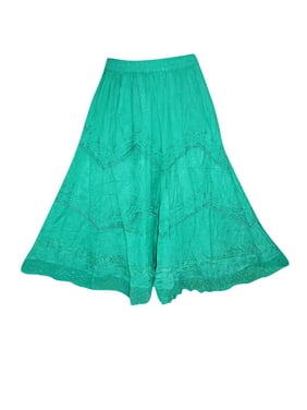 Mogul Womens Maxi Skirts Green Embroidered A-Line Festive Long Skirt