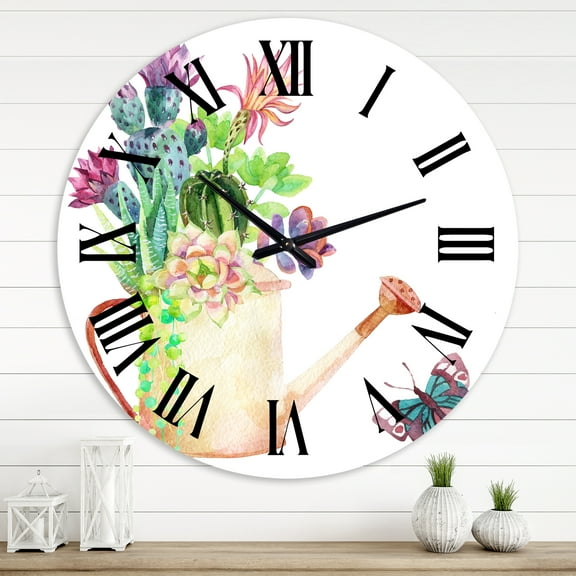 Designart 'Succulents In Old Watering Can' Farmhouse Wall Clock