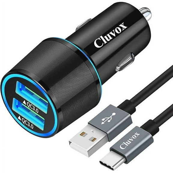 Fast USB Car Charger for Samsung Galaxy A55/A54/A53/A50/A15/A14/S25/S24/S23/S22/S21 Plus/Ultra/S10/S9/S8/Note 20/A10S/A21/A31/A51 Quick Charge 3.0 Dual USB Rapid Car Charger with Type C Cable 3.3ft