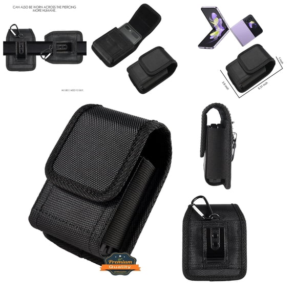 For Galaxy Z Flip / Z Flip 3 / Z Flip 5G / Z Flip 4 Universal Extra Small Pouch Case Vertical Phone Holster Nylon Pouch Cover with Belt Clip Loop & Hook Carabiner - Black