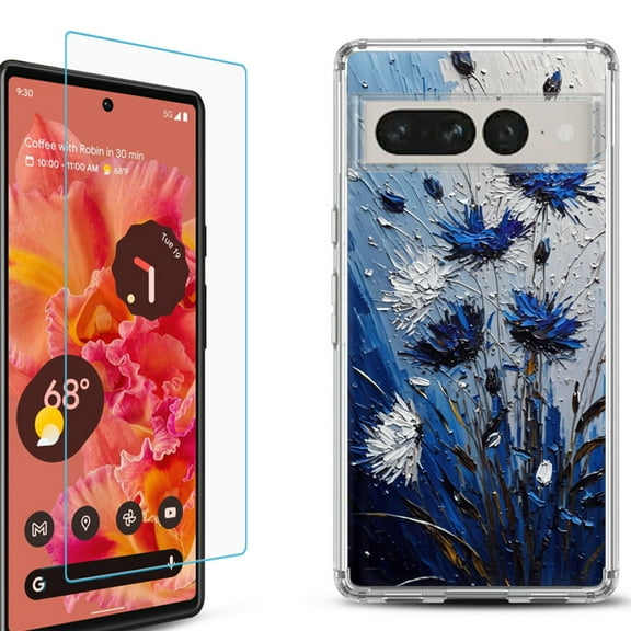 Shockproof Bumper Phone Case for Google Pixel 7, with Tempered Glass Screen Protector, by OneToughShield ® - Cornflower