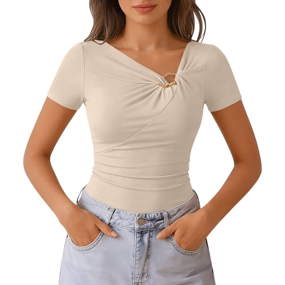 Ymauqau Tops for Women Trendy Short Sleeve Asymmetrical Neck Cut out Slim T-Shirts Tight Tee Blouses Going out Tops