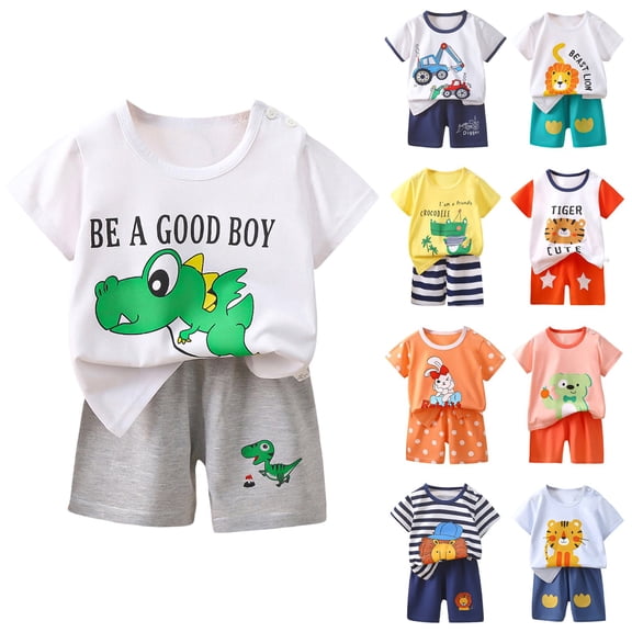 Nwiuh Toddler Baby Boys Summer Outfits Short Sleeve Cartoon Print T-Shirt Tops & Shorts Sets 2Pcs Baby Boys Summer Clothes For 1t 2t 3t 4t 5t 6t (9-18 Months, Green)