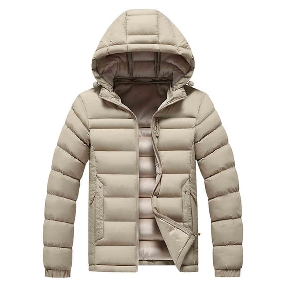 Betivan Men's Thickened Solid Color Detachable Hood Zipper Parka, Winter Warm Cotton Jacket with Zipper Pockets, Long Sleeve Cold Season Wear Casual Outerwear