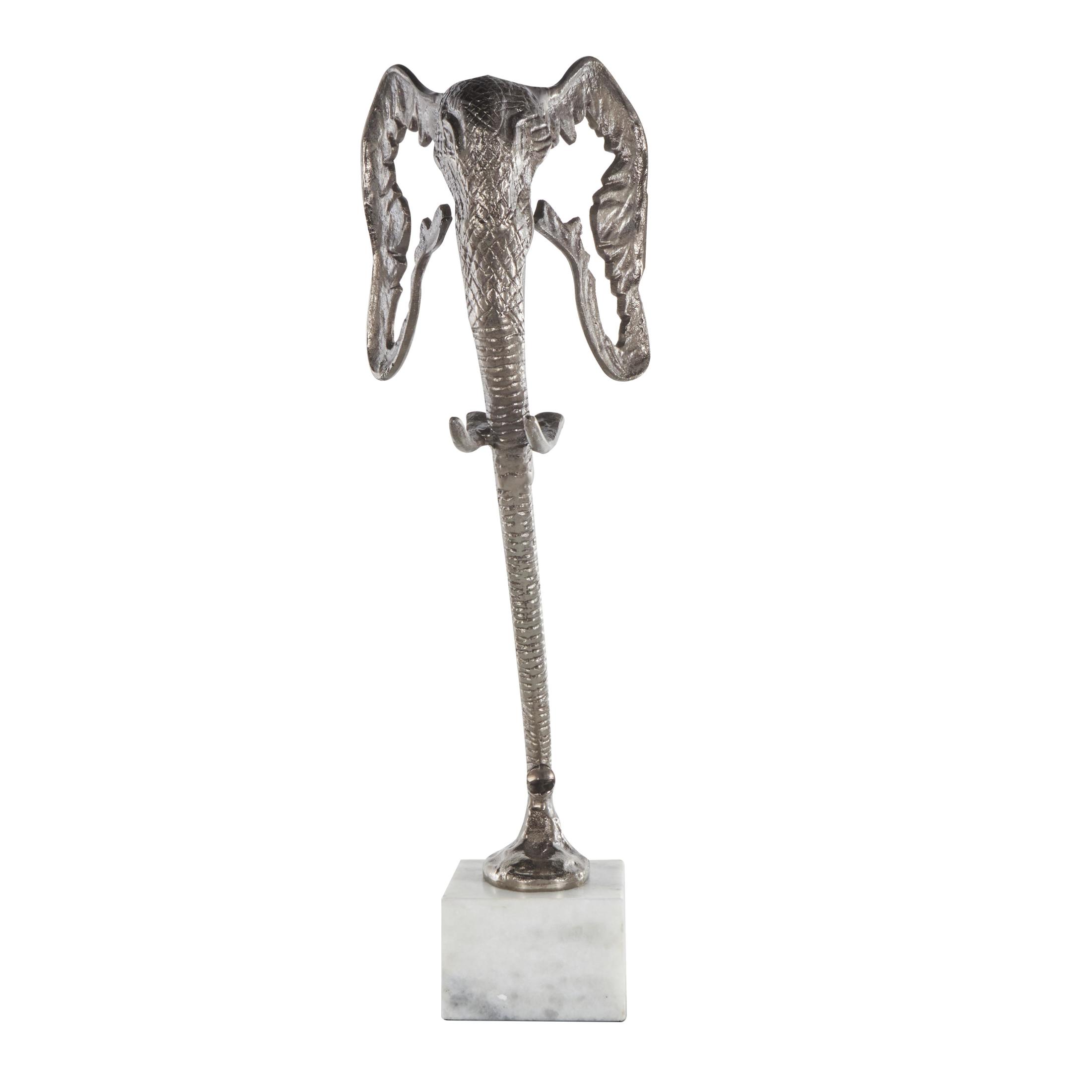8" x 26" Silver Aluminum Metal Tall Cutout Silhouette Elephant Sculpture with Marble Base, by DecMode