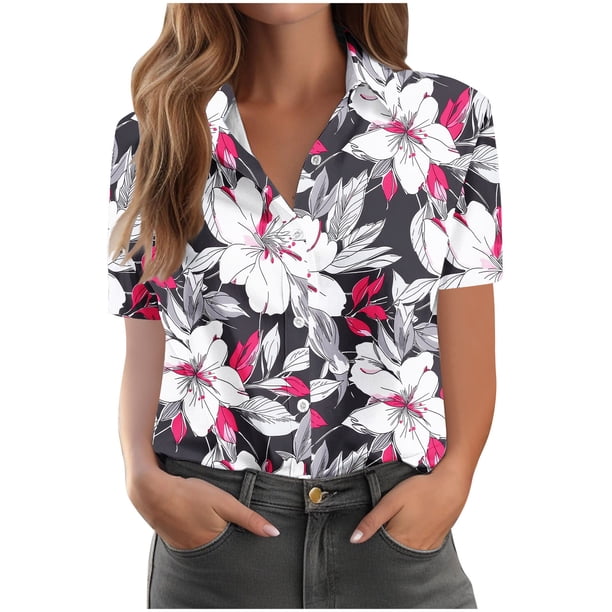Pantalones Cortos para las Mujeres Impresión Sexy Cómodo Bolsillo de Manga Corta, Botón Top Blusa Camiseta