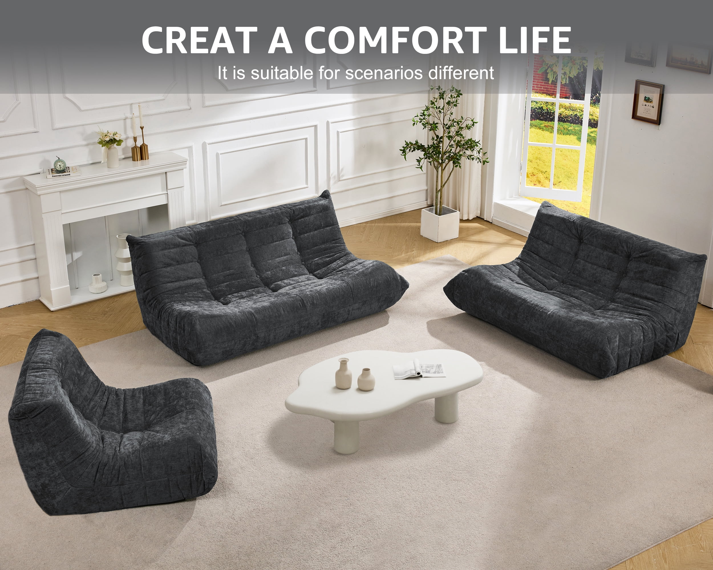 Bean Bag Chairs for Adults Giant Bean Bag Chair Memory Foam BeanBag Chair Bean Bag Sofa with Filler Faux Fur Fireside Beanbags Lazy Sofa for Living Room Bedroom Office (Darkgrey Chenille, 3-Seater)