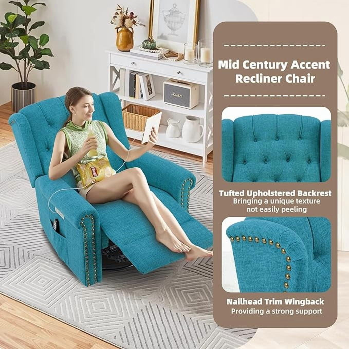 EPICOZY Power Swivel Rocking Glider Recliner Chair with Massage and Heat, Electric Nursery Glider Rocker for Living Room, Wingback Tufted Upholstered Recliner Chair with Type-C & USB Ports, Teal