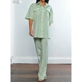 thumbnail image 5 of Rdhnmea Women Ric Rac Pattern 2 Piece Pajama Set Short Sleeve Button Down Shirt Blouse Satin Wide Leg Lounge Pants Soft Sleepwear, 5 of 9