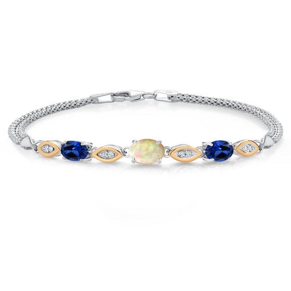 925 Silver and 10K Yellow Gold White Ethiopian Opal and Blue Created Sapphire and White Lab Grown Diamond Bracelet for Women (1.77 Cttw, Gemstone October Birthstone, Oval, Wheat Chain, 6.5 inches)