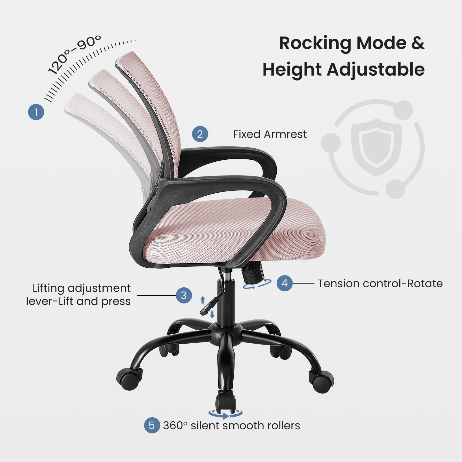 Sweetcrispy 250 lb Ergonomic Office Chair, Mesh Desk Chair with Lumbar Support & Adjustable Height, Rolling Computer Chair for Home Office, Pink