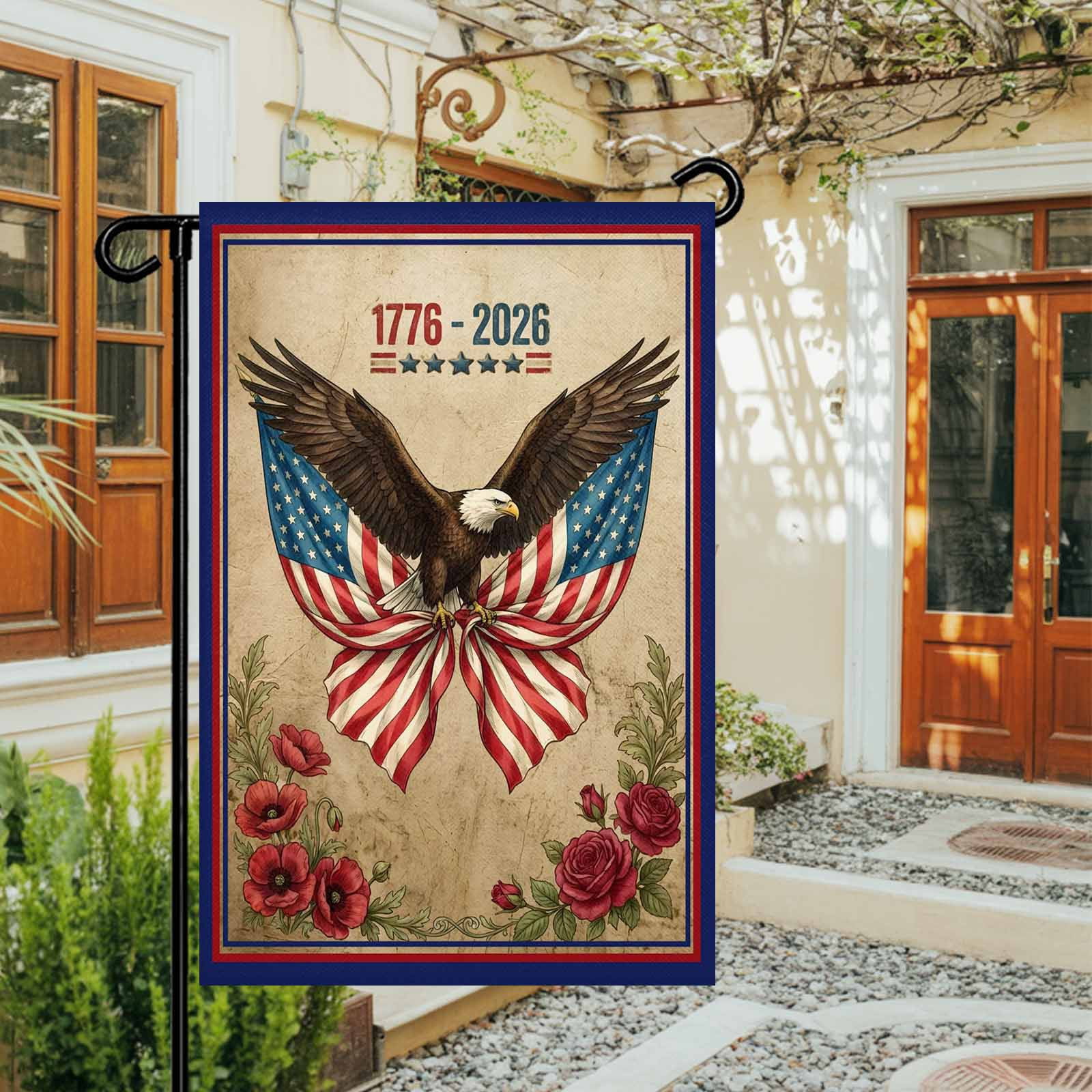 4th of July Garden Flags Majestic Bald Eagle Garden Flag Double Sided Welcome Flag Patriotic USA Flag Roses Independence Day Yard Flags for Outdoor Lawn Porch Memorial Day Holiday Decor 28x40 Inch