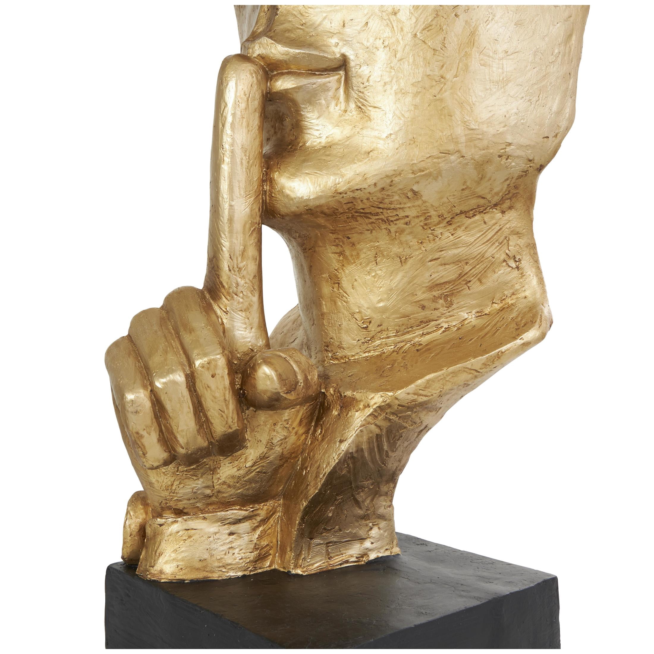 14" x 40" Gold Polystone Large Cutout Quiet Gesture Face People Sculpture with Black Base, by DecMode
