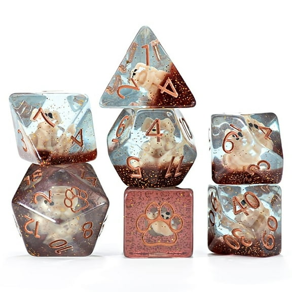 Gate Keeper Games and Dice: Inclusion Dice: Puppy Dice - 7pc RPG Set, Tan Puppy in Clear Resin w/ Brown Glitter, 7 Resin Dice for Role Playing Games