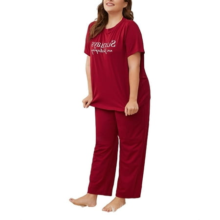 

Casual Slogan Round Neck Pant Sets Burgundy Short Sleeve Plus Size Pajama Sets