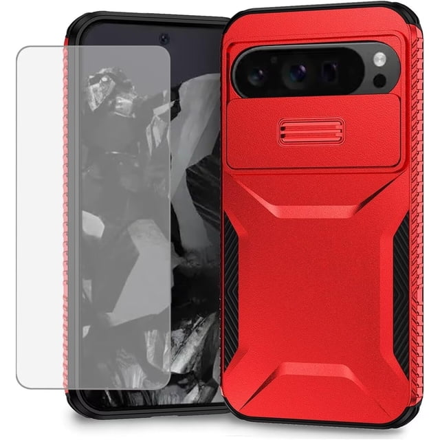 KOMI for Google Pixel 8a Case with 1 Screen Protector, Built-in Slide Camera Cover, Military Grade Drop Protection, Heavy Duty Rugged Shockproof Protective Phone Cover, Red
