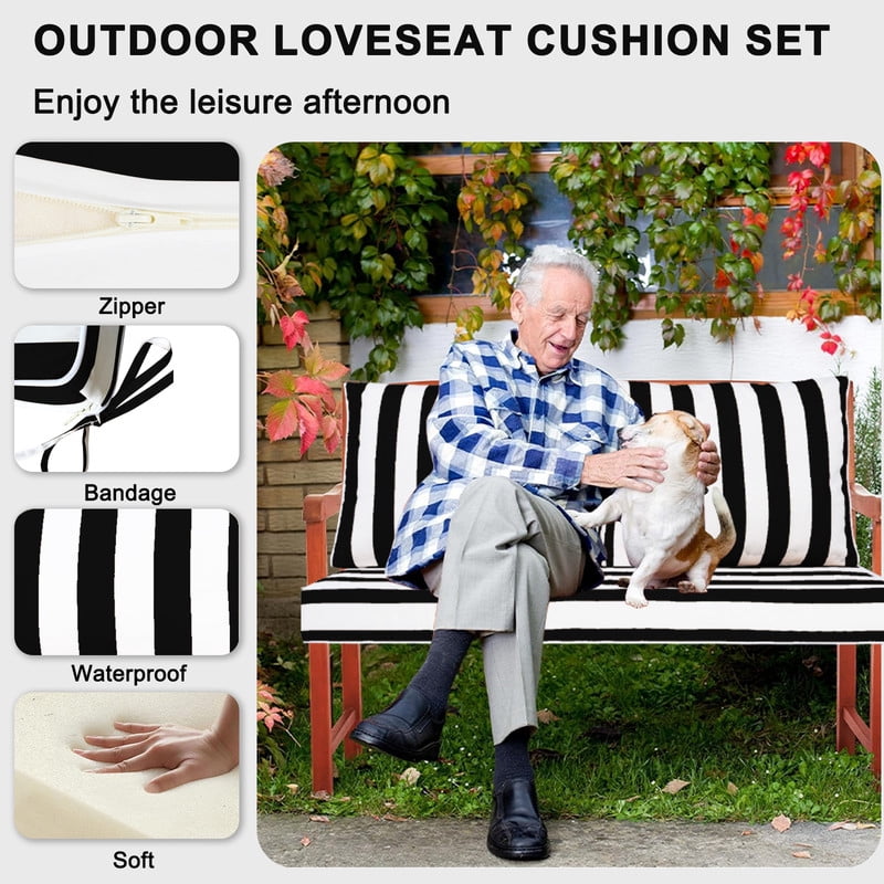Outdoor Loveseat Cushion Set, 48" x 24" Waterproof Patio Furniture Cushions with Removable Cover, Ties and Hidden Zipper, Patio Love Seat Sofa Cushions（Black white stripes）