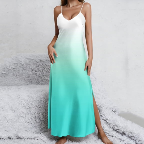 Women's Summer Gradient Long Dress Spaghetti Strap V Neck Sleeveless Backless High Split Hem Flowy Maxi Dress Breathable Beach Vacation Cruise Apparel