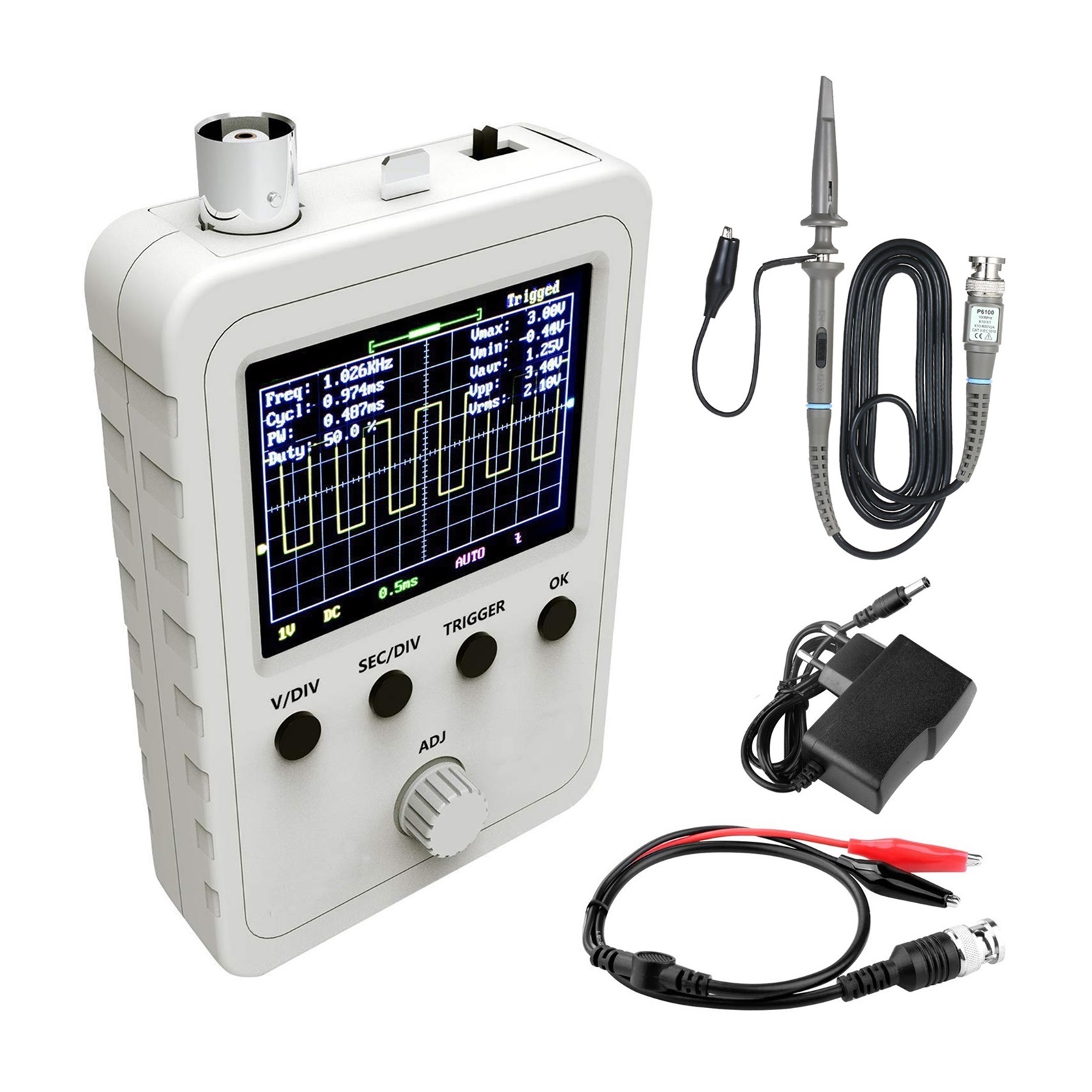 Digital Oscilloscope Kit 0-200KHz Bandwidth and 1M Sampling Rate with Power Supply and BNC-Clip Cable Probe ,Professional Designed