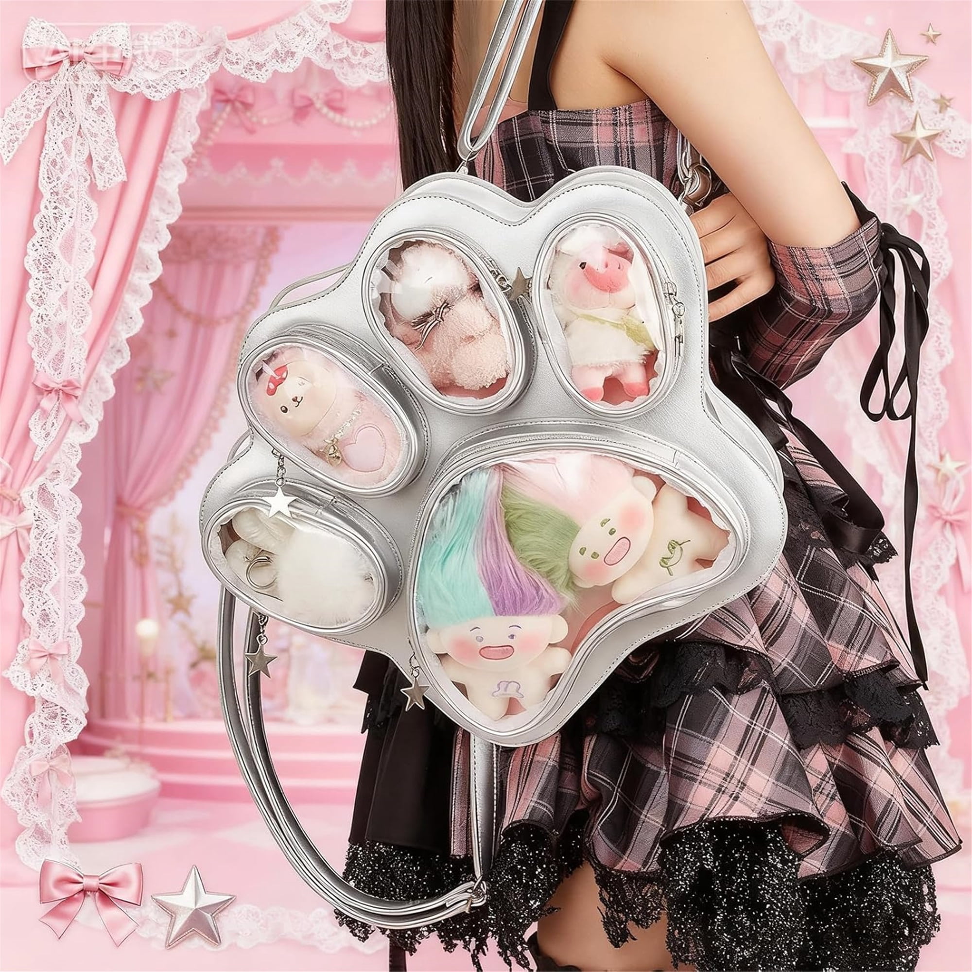 SQDWYGUO Cat Paw Ita Bag Kawaii Cute Backpack Ita Display Backpack with Clear Pocket Pretty Aesthetic Crossbody Shoulder Bag,Silver pink