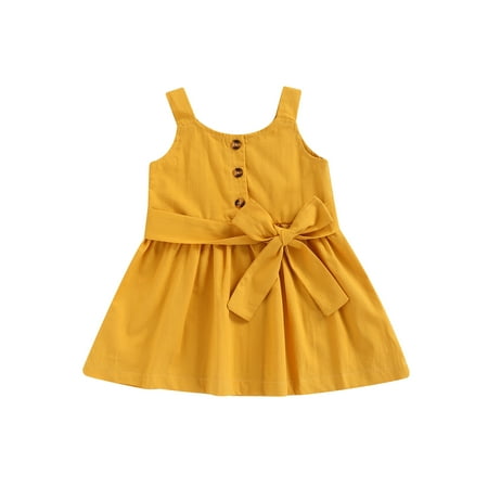 

TFFR Baby Girls Summer Strap Dress Sleeveless Square Neck Button Front Belted A-Line Dress