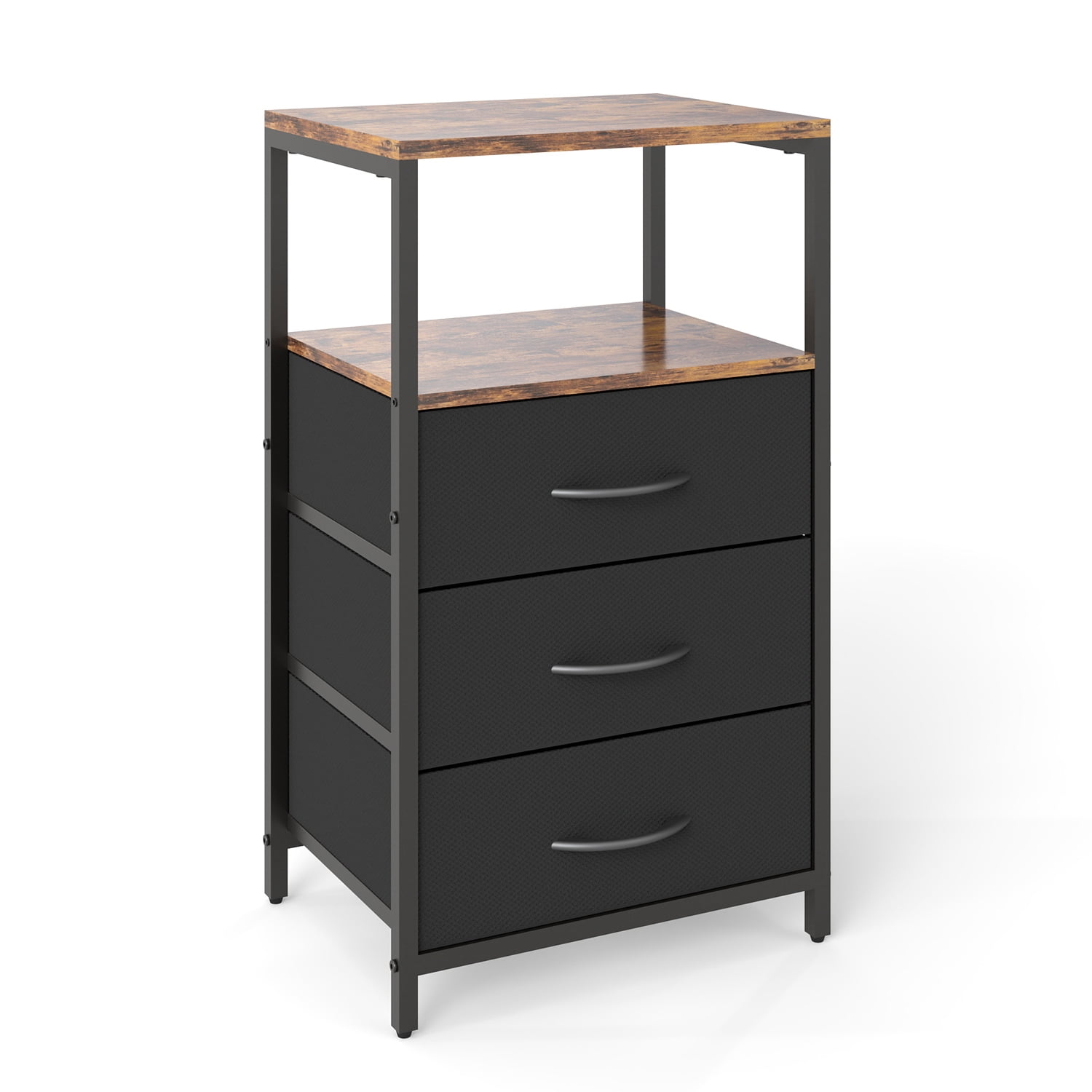 LENLN ‌Nightstand,Side Table with 3 Fabric Drawers End Table with Open Shelf,Bedside Table Night Stand for Bedroom ,Closet, Dorm, Rustic Brown and Black