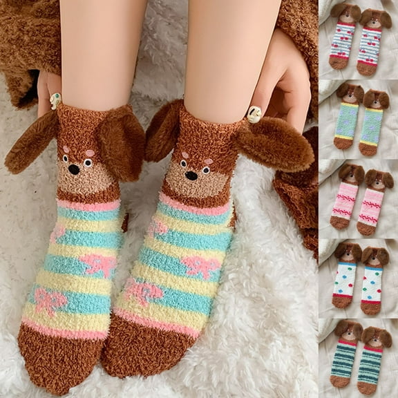 6 Pairs Animal Design Fuzzy Socks for Women Soft Dog 3D Coral Socks Winter Warm Cozy Fluffy Socks for Christmas Gifts