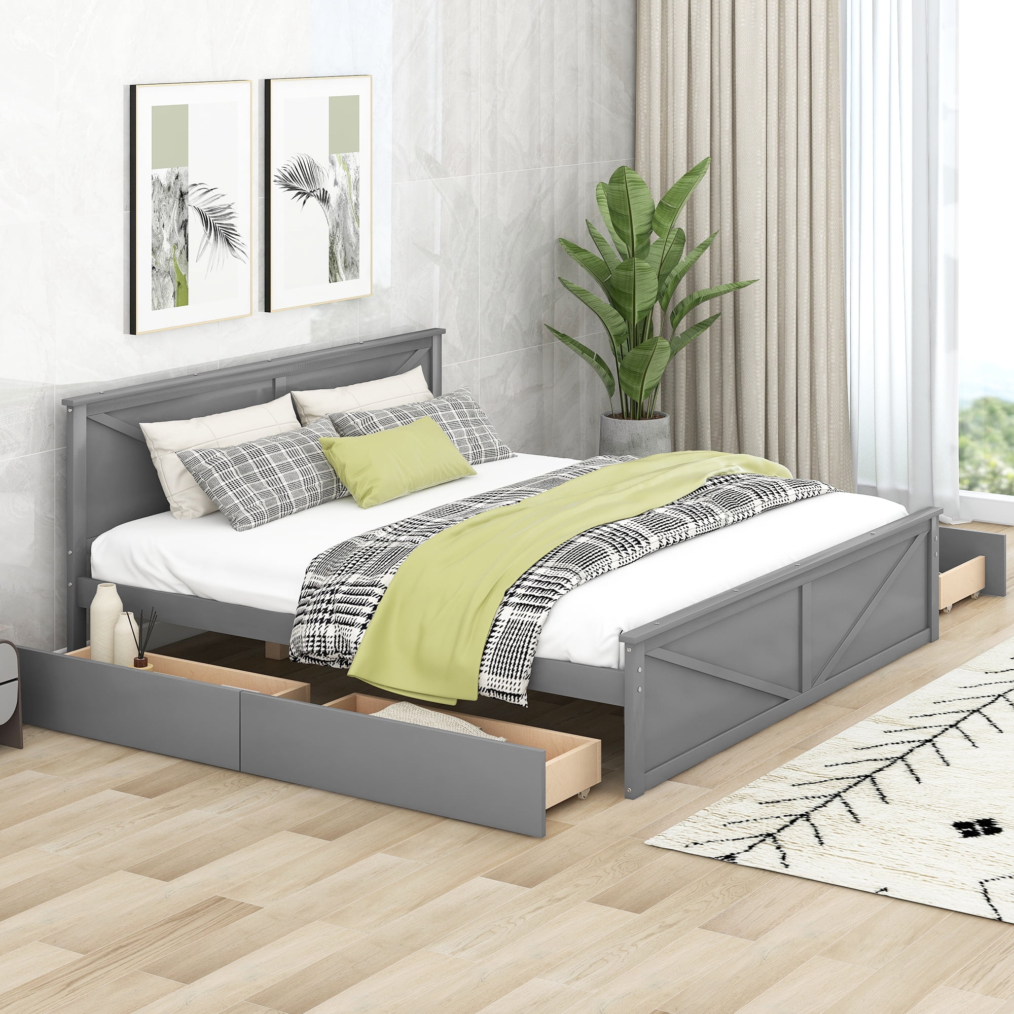 Solid Wood Platform Bed with Wooden Slats, Platform Bed with Headboard, No Box Spring Needed