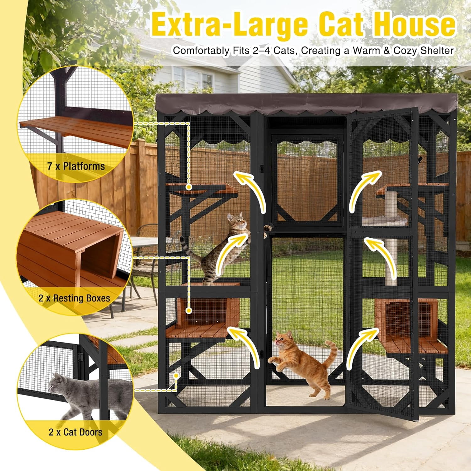 Aivituvin Catio Large Cat House Outdoor Walk in Outdoor Cat Enclosure Indoor Cage Kitty Condo Playpen with Door, Platform, Scratch Post, Hammock - Black
