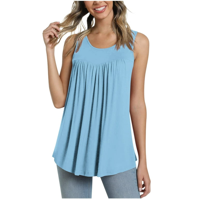 Summer Saving Usmisi Tank Tops Solid Crewneck Sleeveless T Shirts for Women  Loose Flowy Pleated Swing Casual Vest Tunic Blouse Light Blue M Up to 65%