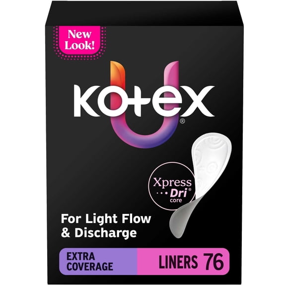 Kotex Absorbent Flat Liners, Light Absorbency, Extra Coverage, 76 Count