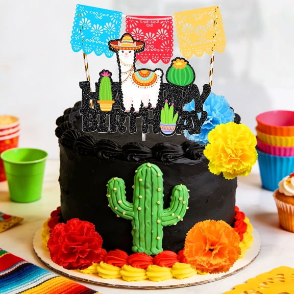 Mexican Llama Birthday Cake Decoration Set - Colorful Celebration-Themed Party Supplies For Birthday Parties Cinco De Mayo Or Tropical-Themed Parties