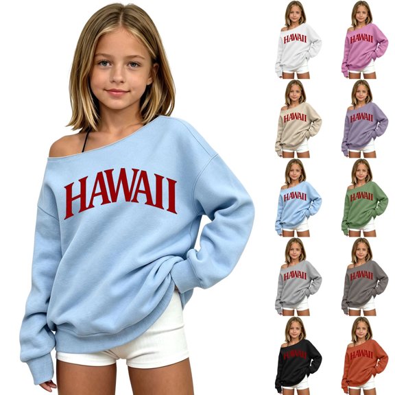 Shadoumai Girls Off The Shoulder Tops Fall Hawaii Letter Print Going Out Sweatshirt | Off The Shoulder Sweatshirts For Girl Long Sleeve Oversized Casual Loose Fit Pullover Y2K Going Out Tops