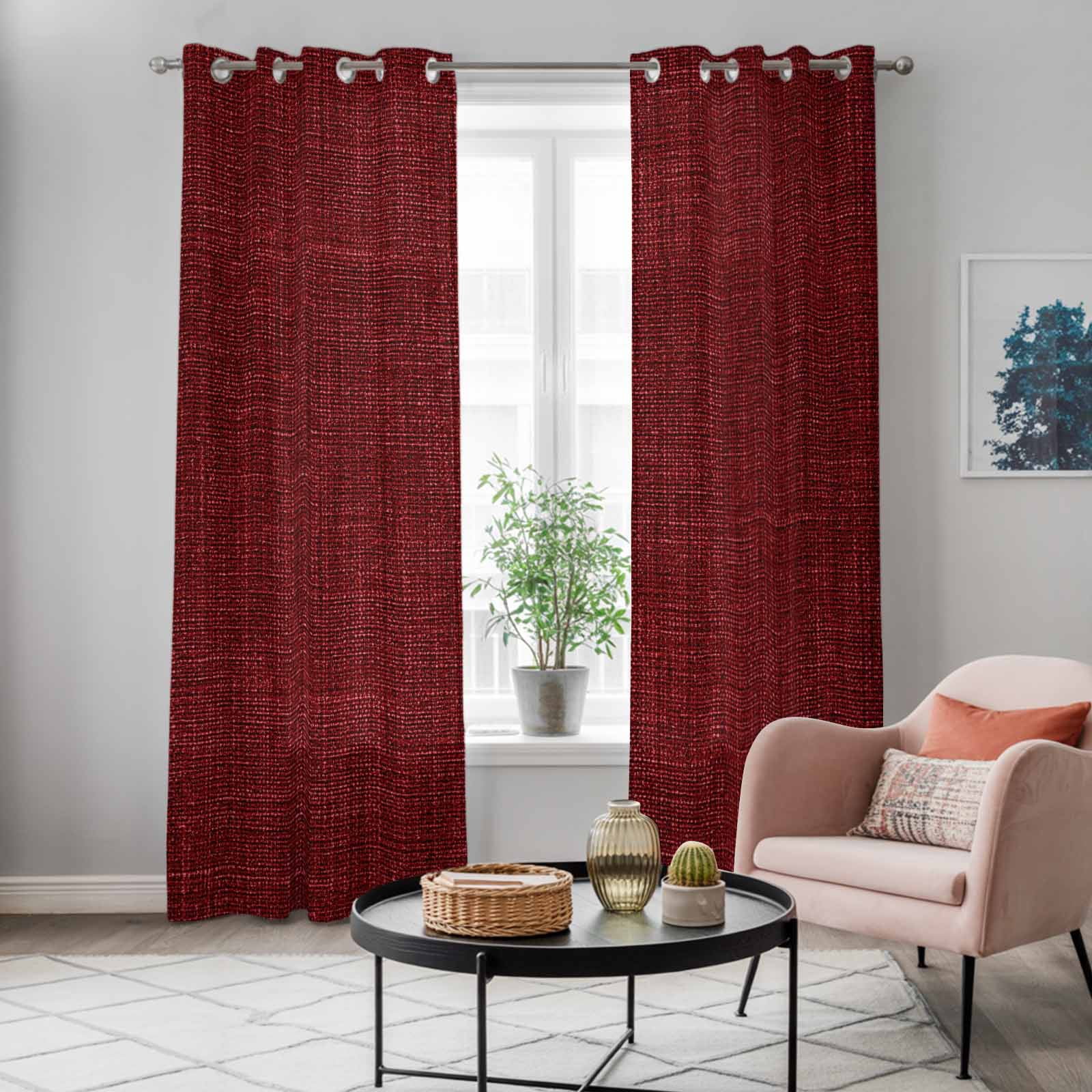 Kitchen Curtains 84 Inch Length 2 Panels, Vintage Dark Red Grommets Window Treatment Curtain, Farmhouse Retro Solid Color Linen Texture Thermal Curtains Drapes for Living Room/Bathroom