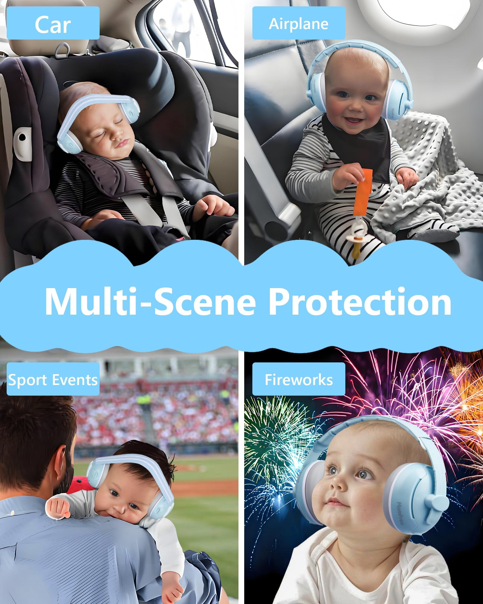 Momfree 2 in 1 Baby Ear Muffs, Noise Reduction Earmuffs & Adjustable Headband for Baby, Hearing Protection Headphone,Blue