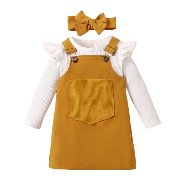 Xingqing 3PCS Toddler Infant Kids Girls Long Sleeves Solid Color Ribbed T-Shirt Overalls Dress