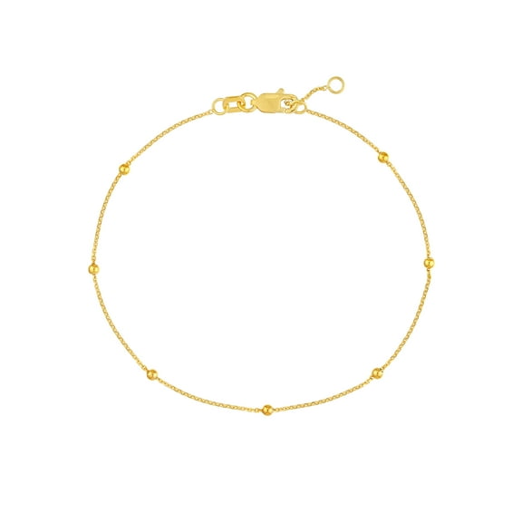 14K Yellow Gold Adj. 7.5” 0.80mm D/C Cable Chain Bracelet with 2mm Bead Stations - Women