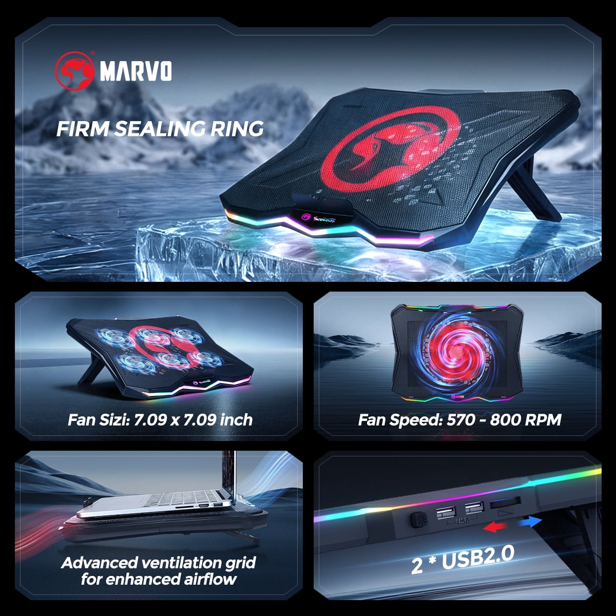 MARVO FN-40 Quiet Laptop Cooling Pad with Fan - 6.5-45° Ergonomic Angle, 100000H Durable Fan, Dual USB, Rgb Light, Compatible with 9-17.3 Inch Laptops for Gaming/Movies