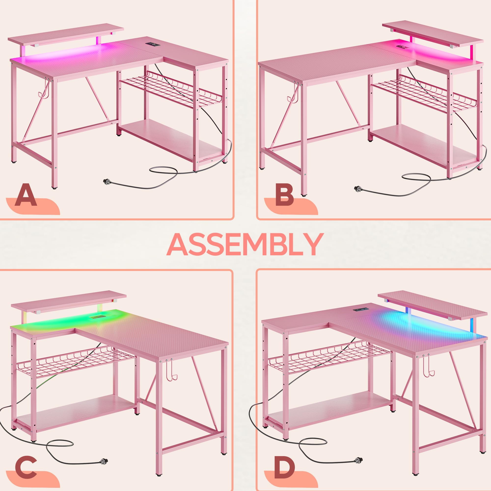 RSPGAME 42" L Shaped Computer Desk with Power Outlets, Corner Office Desk with LED Lights & Monitor Stand, Reversible Shelves, Corner Desk for Small Spaces ,Bedrooms & Home, Carbon Fiber Pink