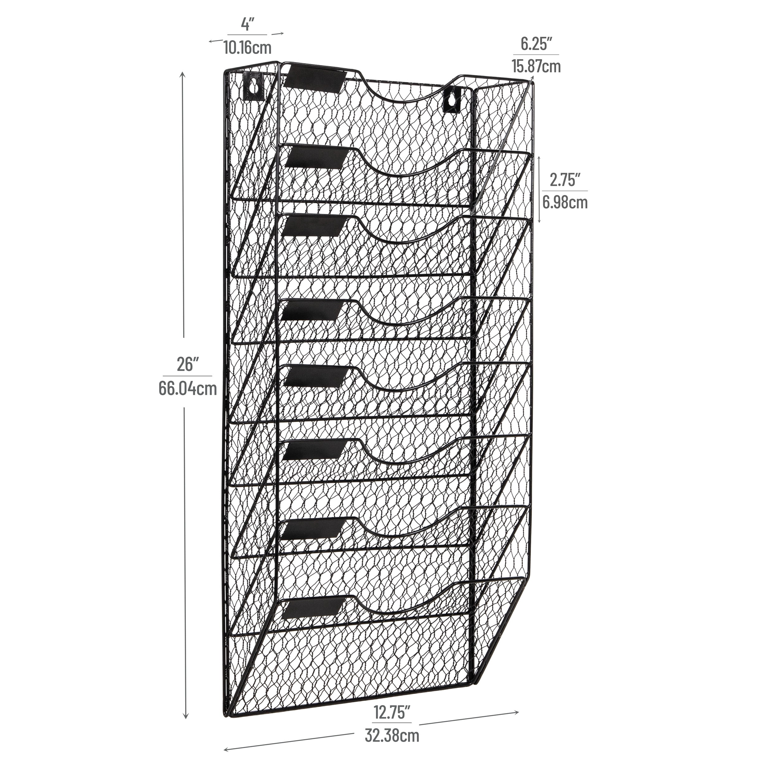 Mind Reader Wall Mounted File Organizer, 8 Tier Wire Mesh Document Holder with Label Slots, Vertical Storage Rack for Office, Mail, and Folders, Black