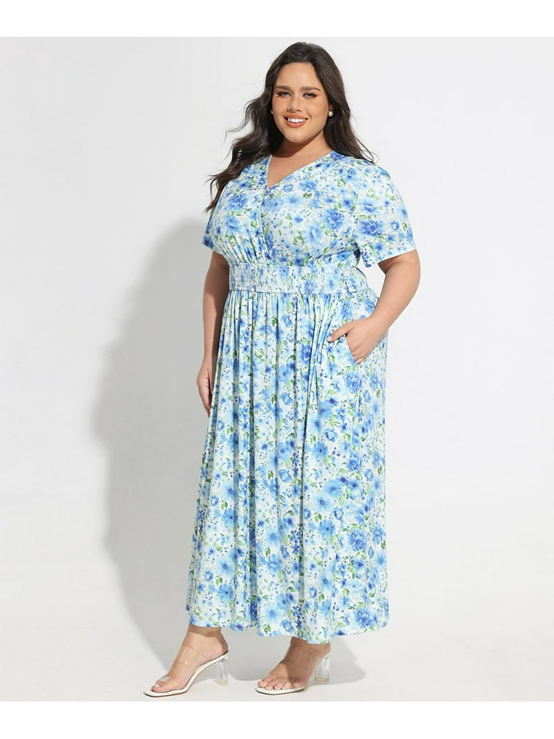 CASSIE LIZ Plus Size Dresses 3X White Blue Floral Fall Dresses for