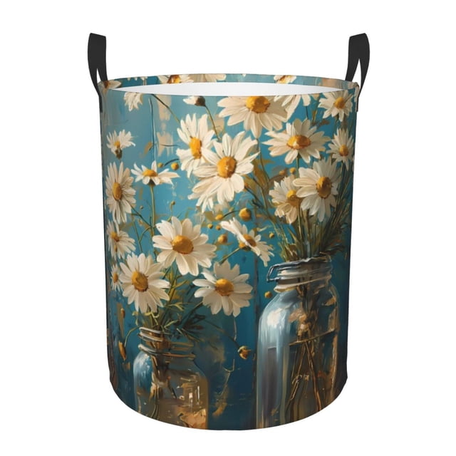 Balery Delicate White Daisy Jars Cesta de ropa redonda con asas, impermeable, independiente, para ropa, juguetes, dormitorio y familia-Small
