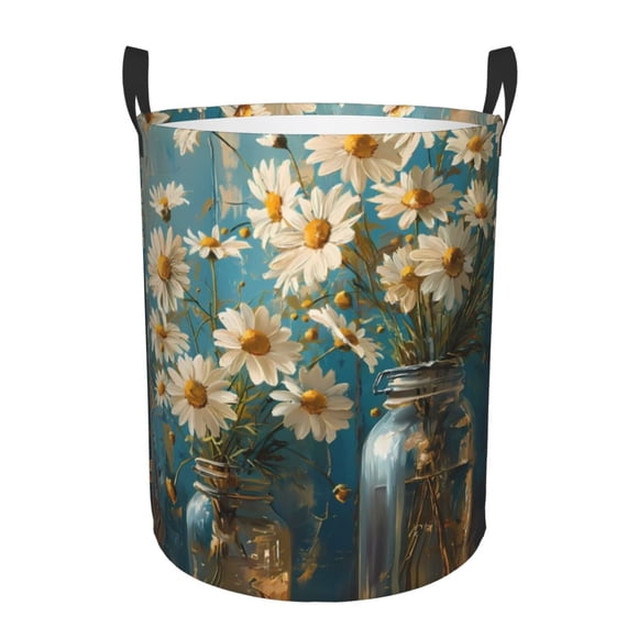 Balery Delicate White Daisy Jars Cesta de ropa redonda con asas, impermeable, independiente, para ropa, juguetes, dormitorio y familia-Medium