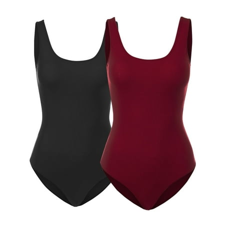 Women s Scoop Neck Sleeveless Stretch Cotton Bodysuit Tank Top - 2Pack