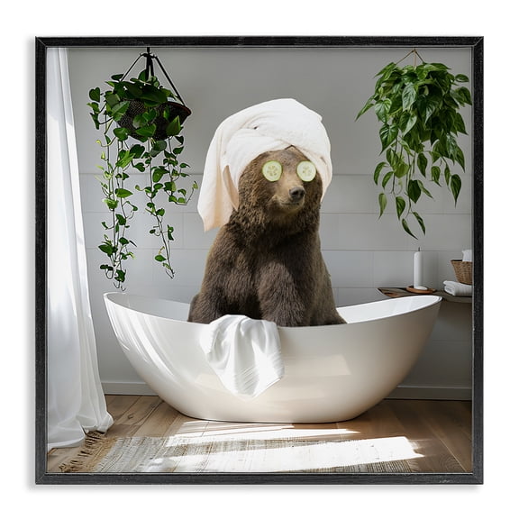 Stupell Industries Bear in Refreshing Spa Bath Animals Painting Black Framed Art Print Wall Art, 12 x 12