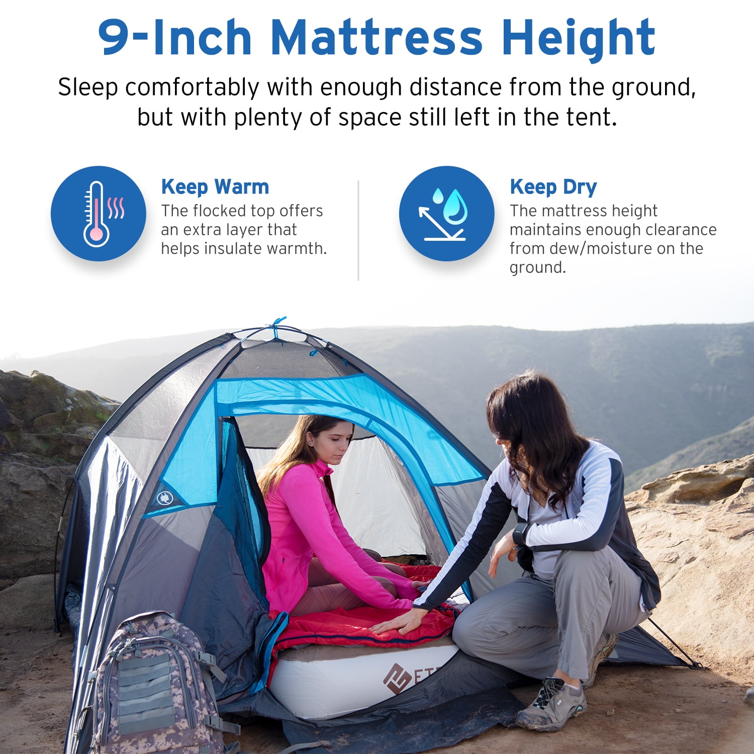 Etekcity Camping Air Mattress Inflatable Airbed Blow up Tent Mattress 9/"Queen