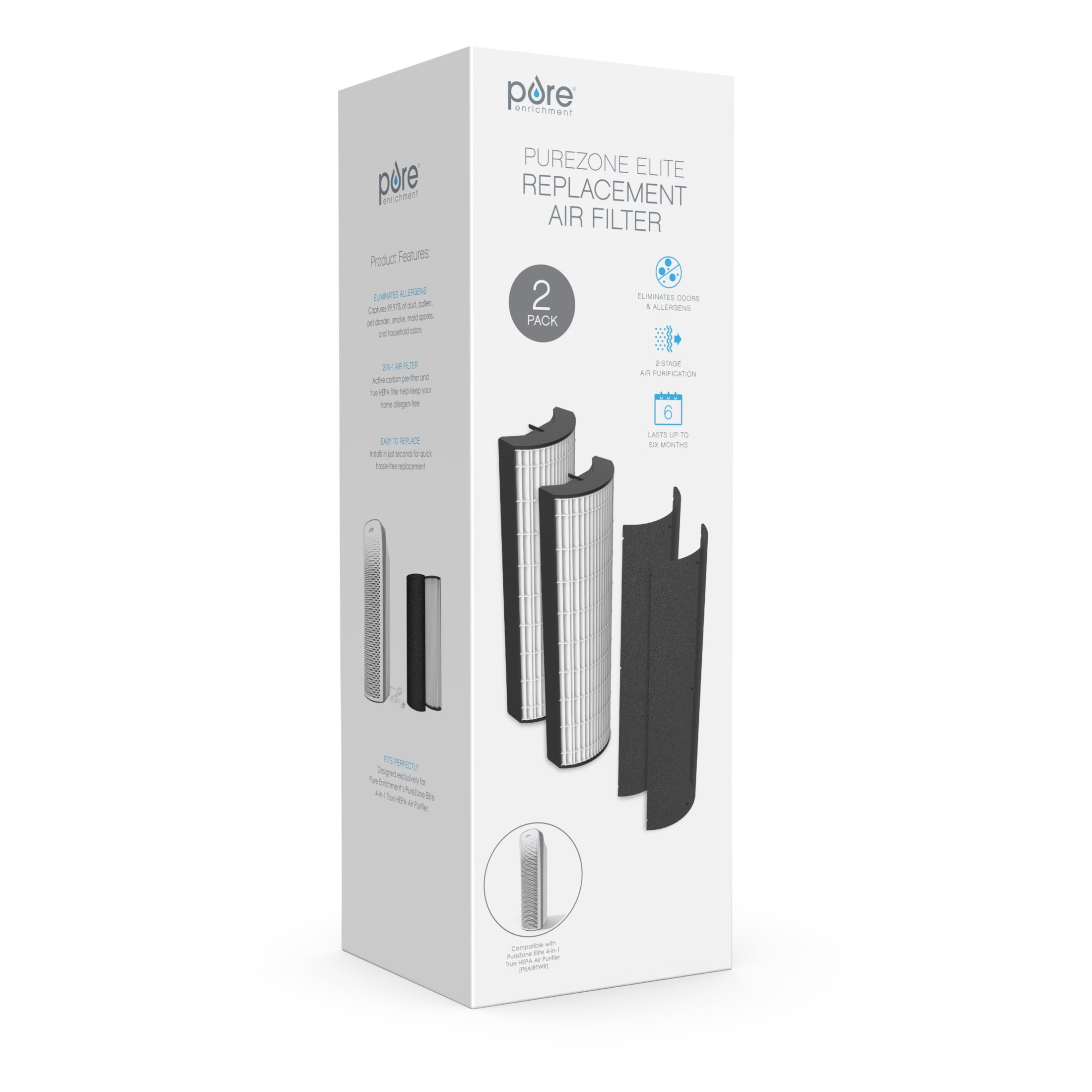 Pure Enrichment® Genuine 2-in-1 True HEPA Replacement Filter for the PureZone™ Elite 4-in-1 Air Purifier - 2 Pack (PEAIRTWR)