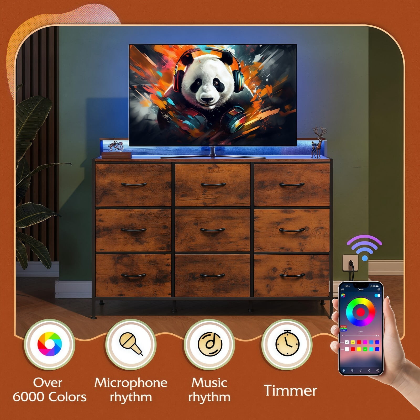 BEAUTYPEAK TV Stand Dresser with 9 Fabric Drawers LED Light AC USB-C Charging Station, Rustic Brown